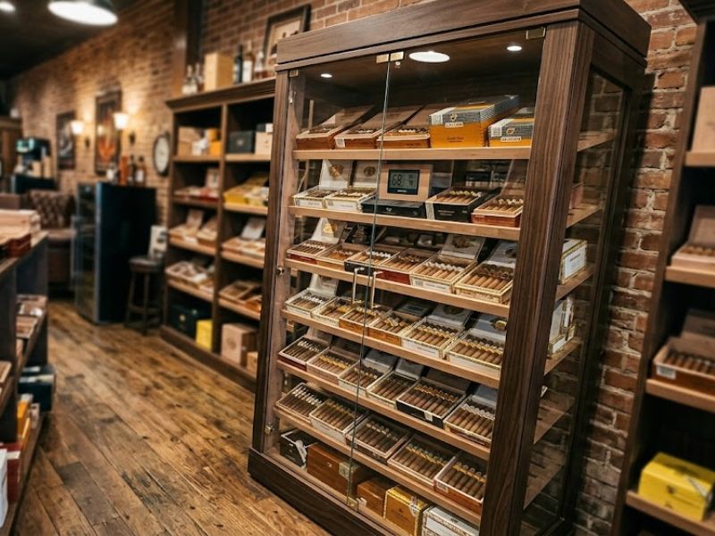 A glass door humidor in a cigar shop