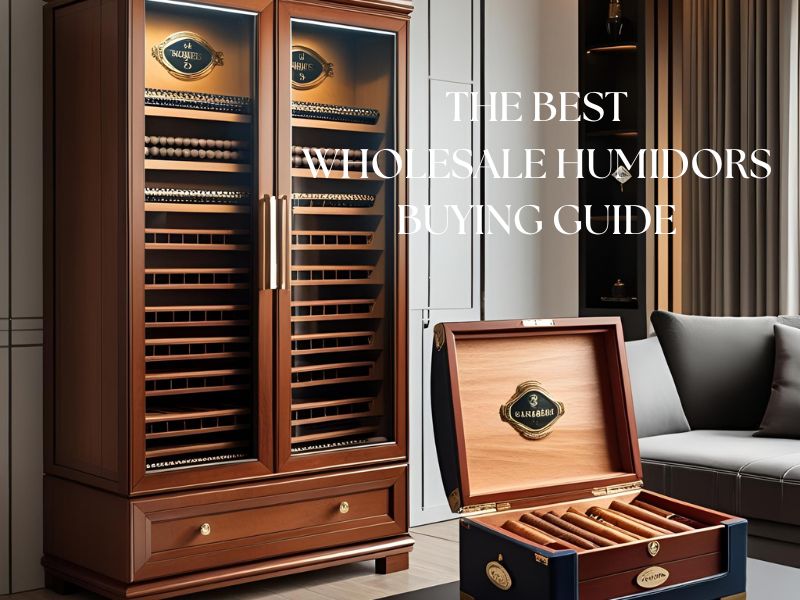 A large cigar cabinet humidor standing next to a Small desktop humidor