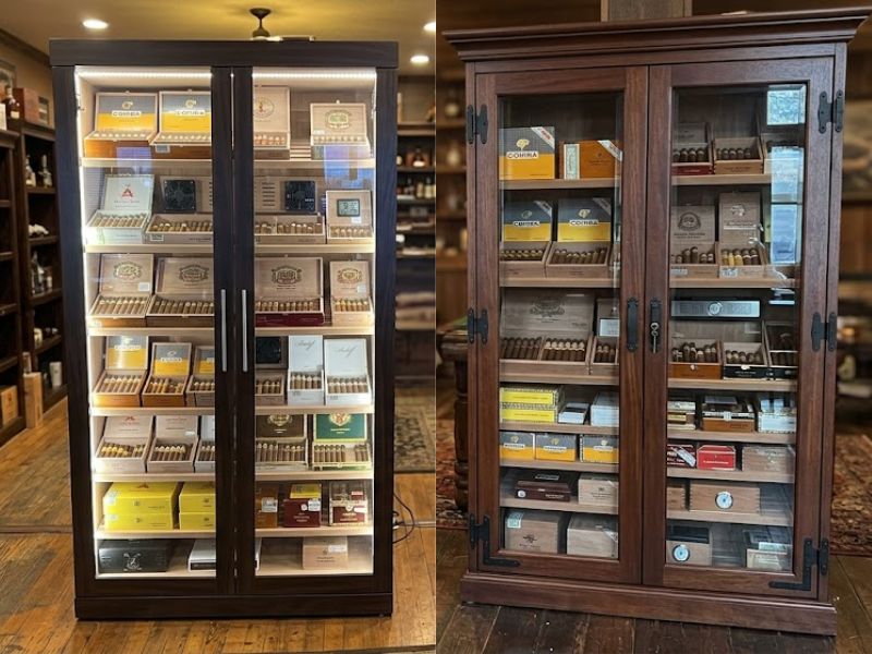 An electric humidor cabinet and a traditional humidor cabinet side by side