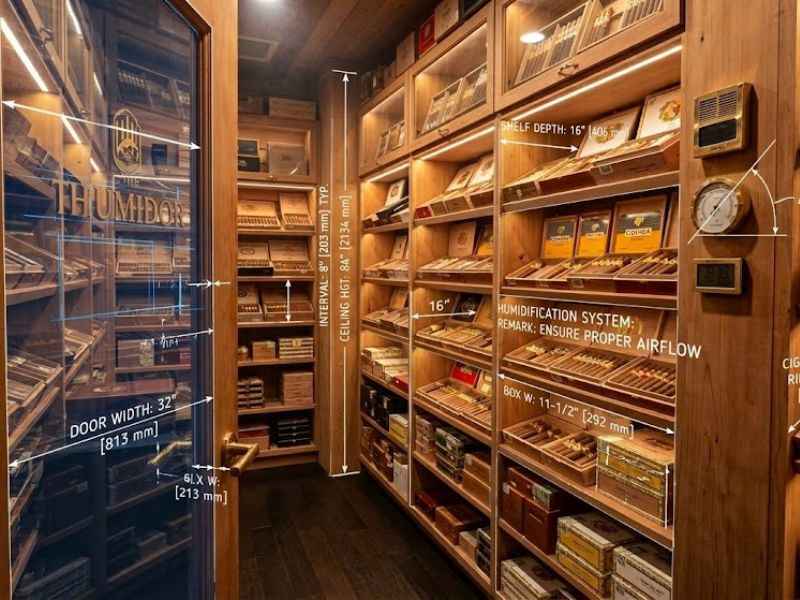 A walk in humidor paired with measurement lines