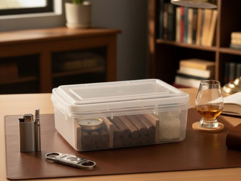 A tupperdor, tupperware humidor on a table