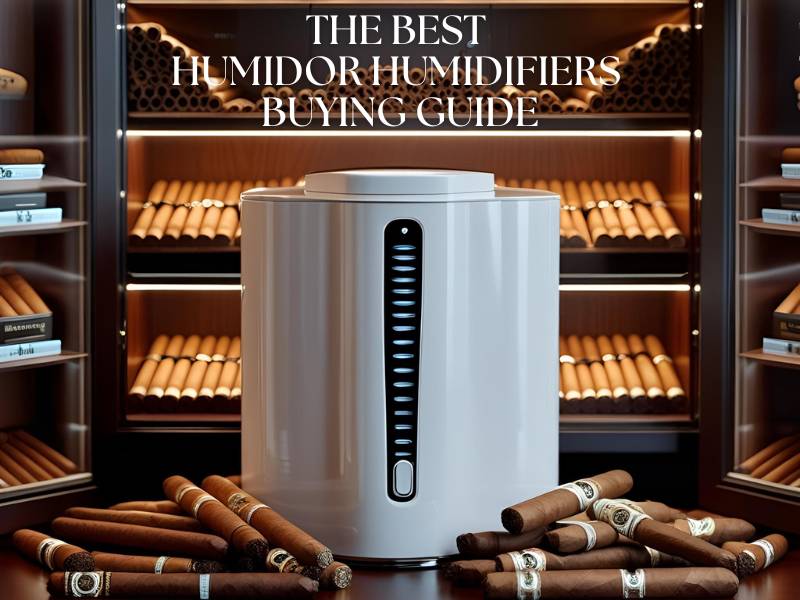 A humidifier inside a humidor cabinet surrounded cigars