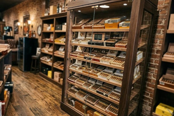 A glass door humidor in a cigar shop