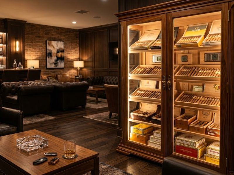 A cigar humidor cabinet in a cigar lounge