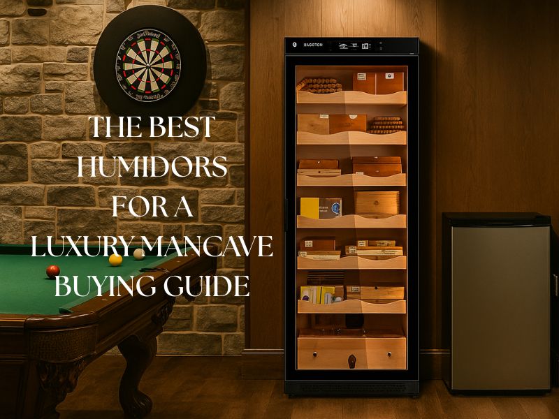 A luxury humidor in a mancave next to  a pool table and a dart board