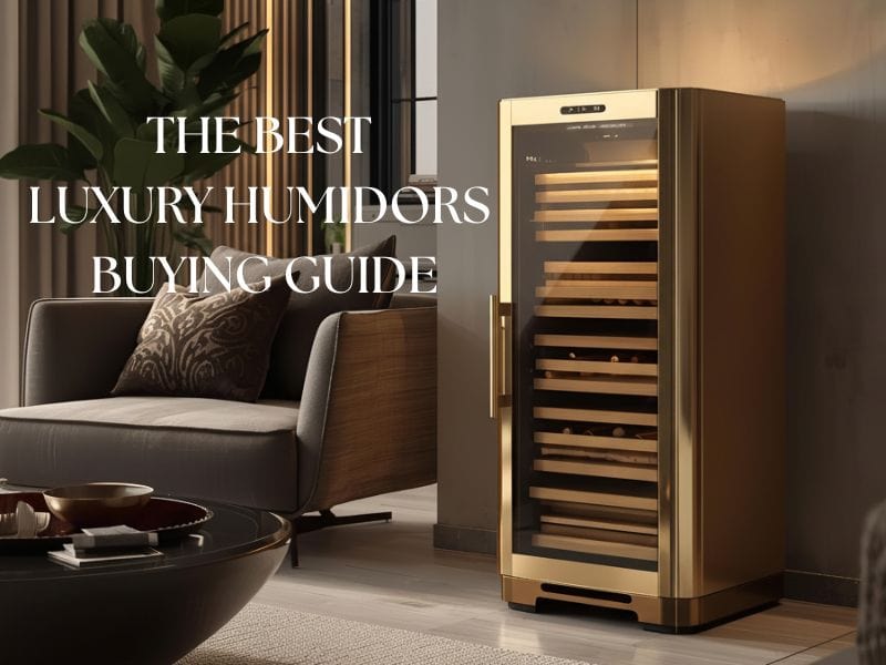 A golden electric cigar humidor cabinet in a modern living room