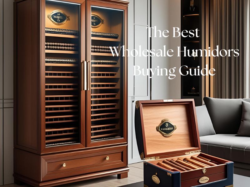 A large cigar cabinet humidor standing next to a Small desktop humidor