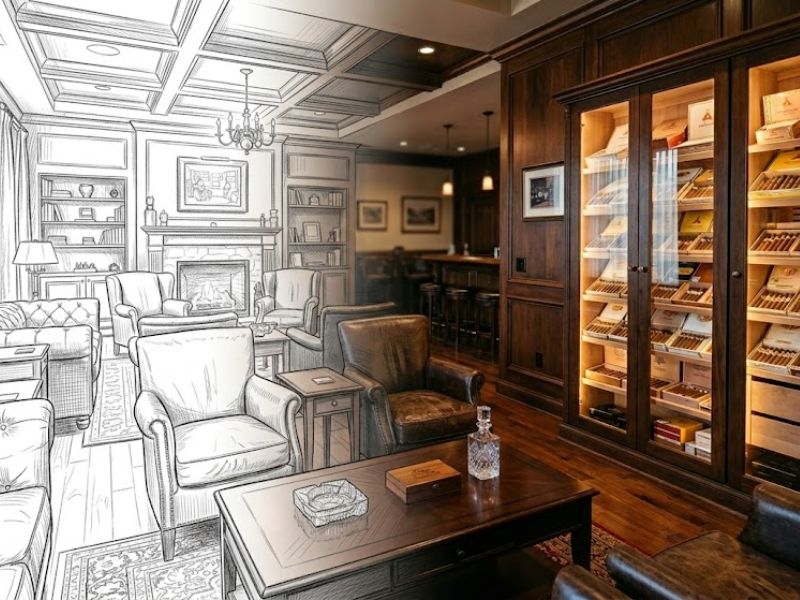 An image of a cigar lounge with the left half turning into a sketch