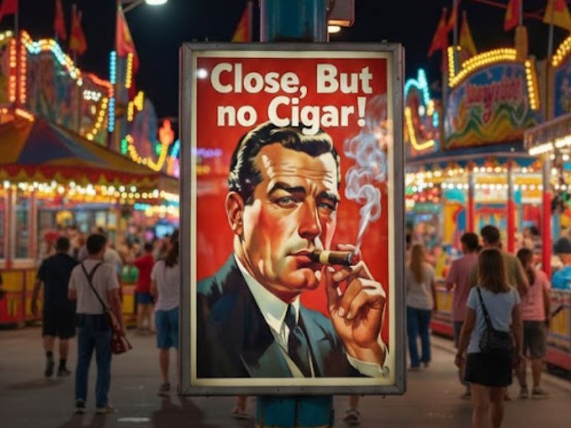 A photo of a poster of a man smoking a cigar placed on a pillar on the carnival
