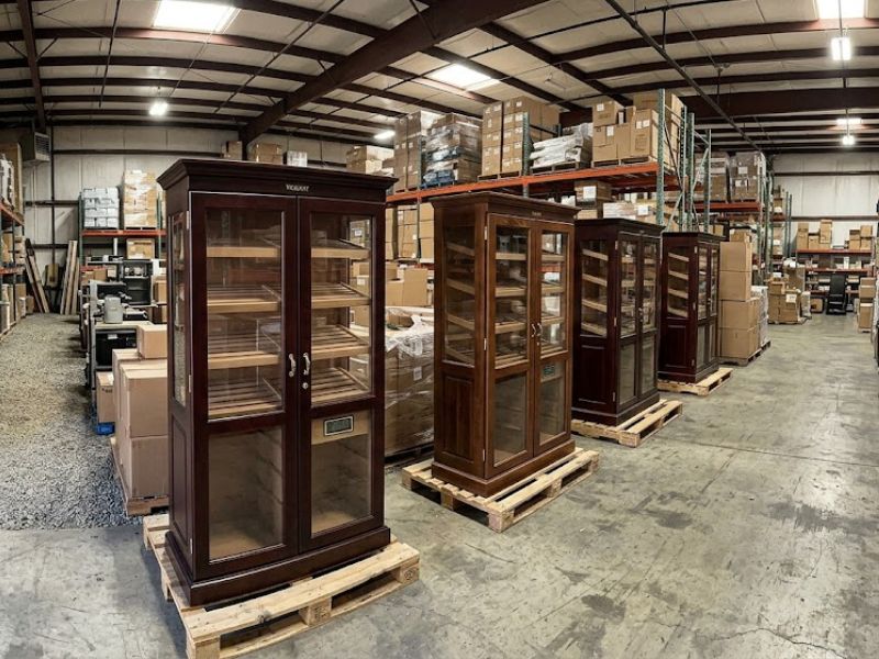 Cabinet humidors in a warehouse