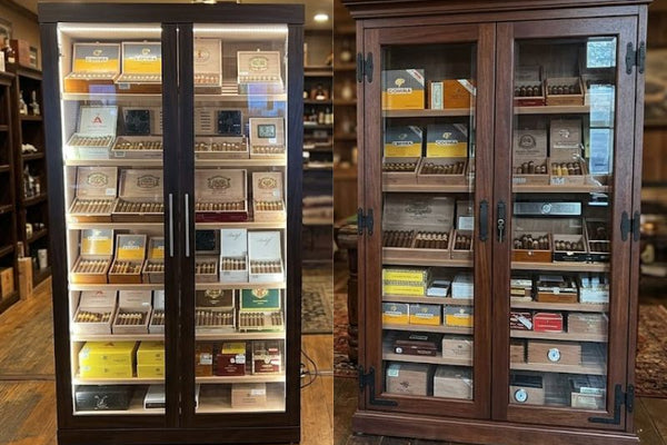 An electric humidor cabinet and a traditional humidor cabinet side by side
