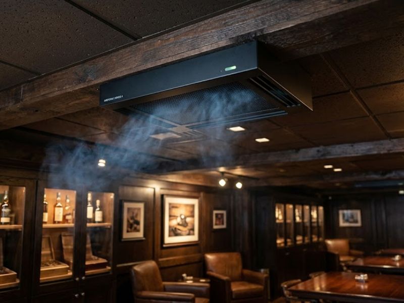 A smoke eater embedded in the ceiling of a cigar lounge