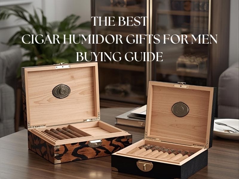 A travel humidor and desktop humidor side by side, a cabinet humidor behind them
