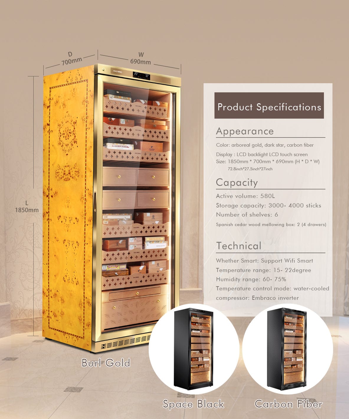 Raching Cigar cabinet humidors MON5800A Premium Electronic Cigar Humidor