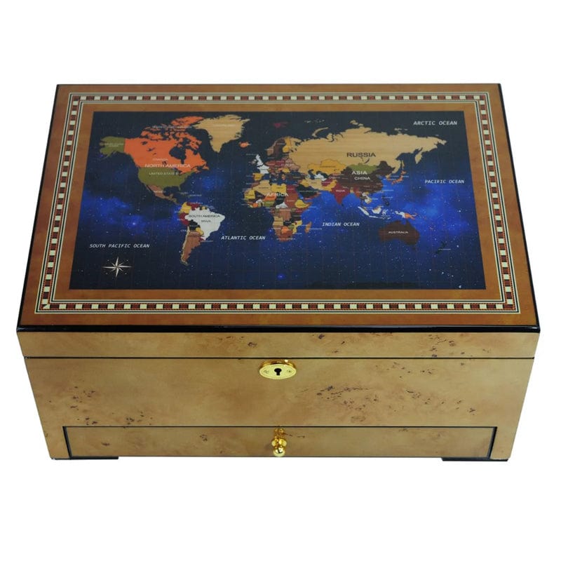 SONNY ARTS &amp; CRAFTS CO.,LTD Desktop Humidor Western World Map Cigar Box With Drawer | 50 Cigars