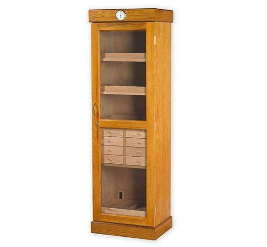 Quality Importers Humidor Oak Tower of Power Display Humidor Cabinet with Drawers | 3,000 Cigars